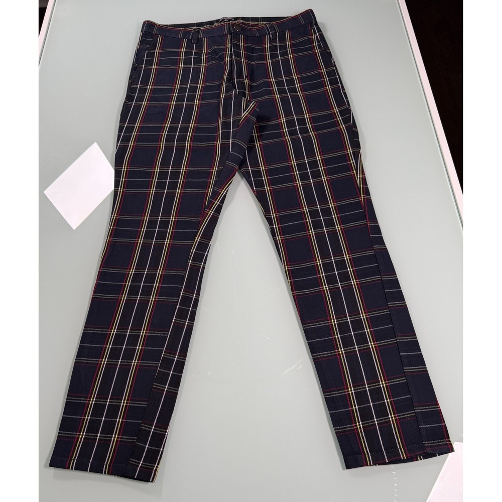 Elwood Tartan Plaid Slim Tapered Golf Pants Men's Navy Check Preppy -34x31